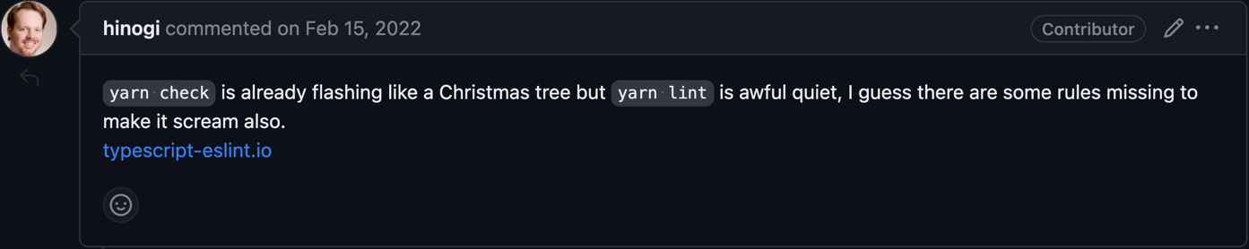 Comment of weird developer experience with a lot of warnings in ESLint output